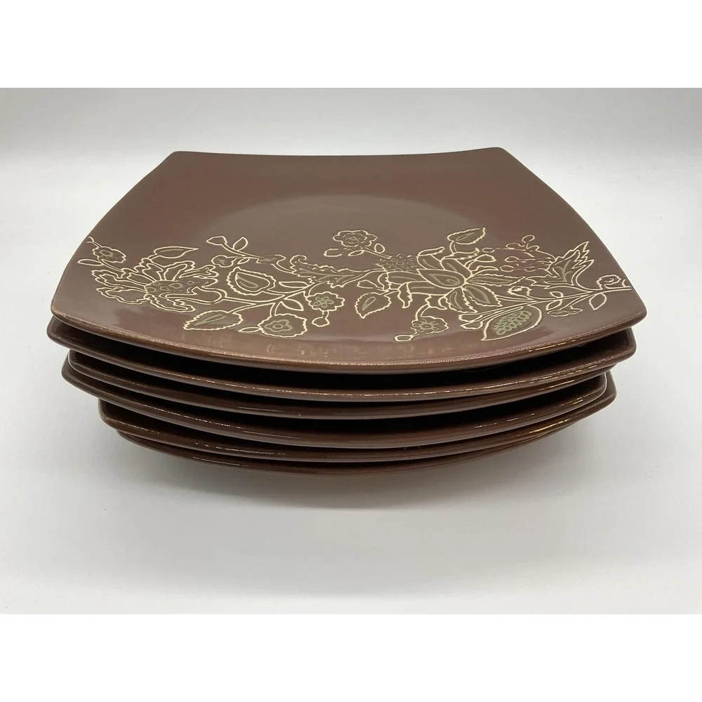 Jaclyn Smith Today Dinner Plates Set Of 6 Brown Floral Stoneware Tableware Decor